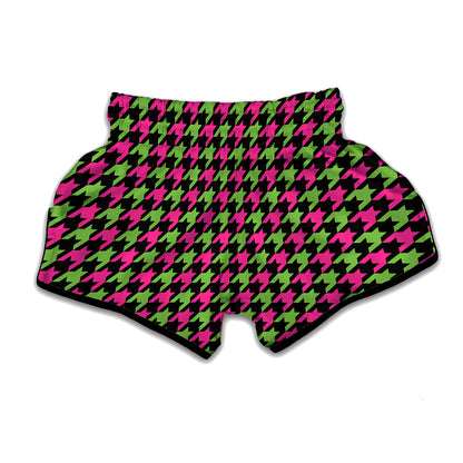 Pink And Green Houndstooth Pattern Print Muay Thai Boxing Shorts