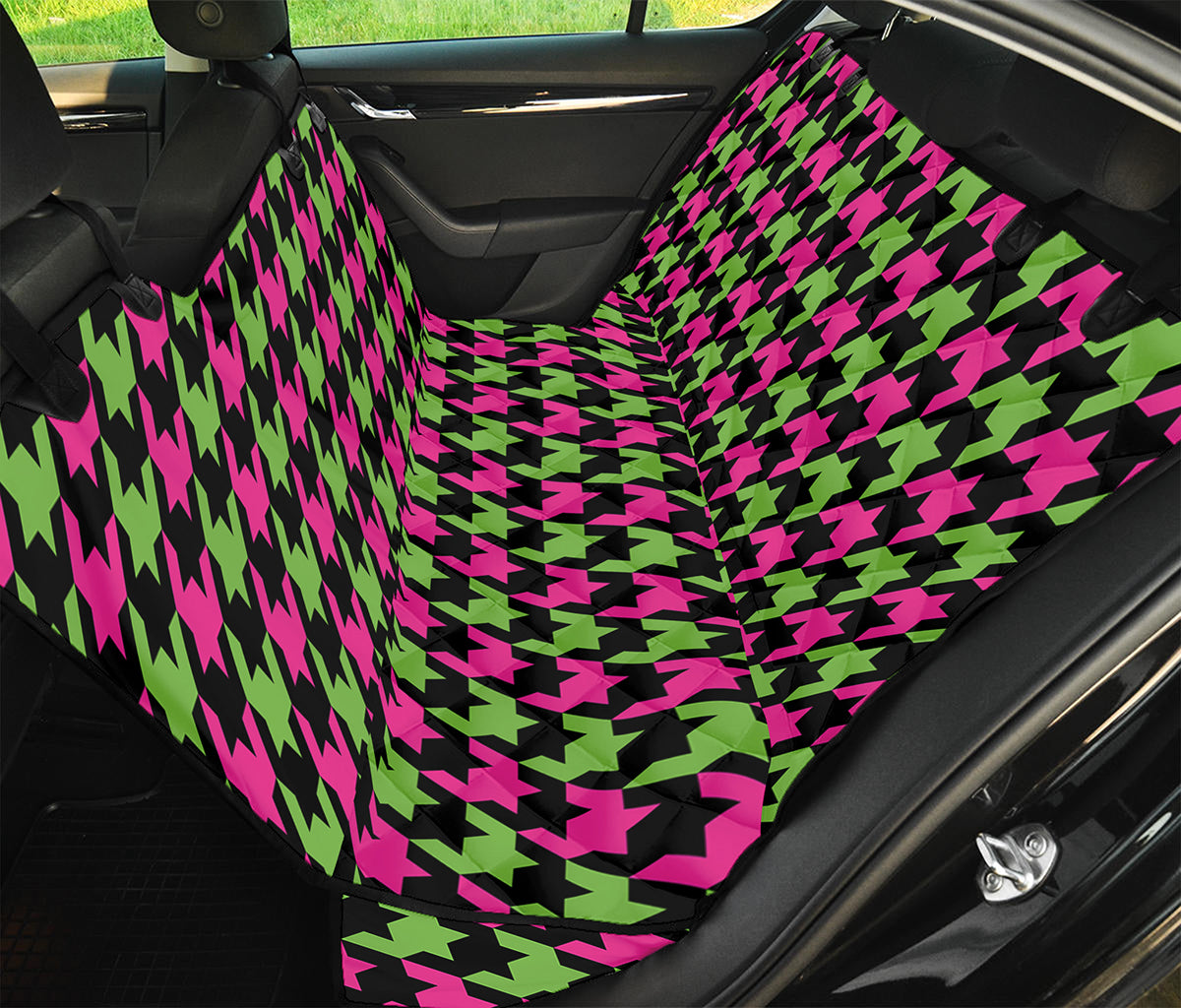 Pink And Green Houndstooth Pattern Print Pet Car Back Seat Cover