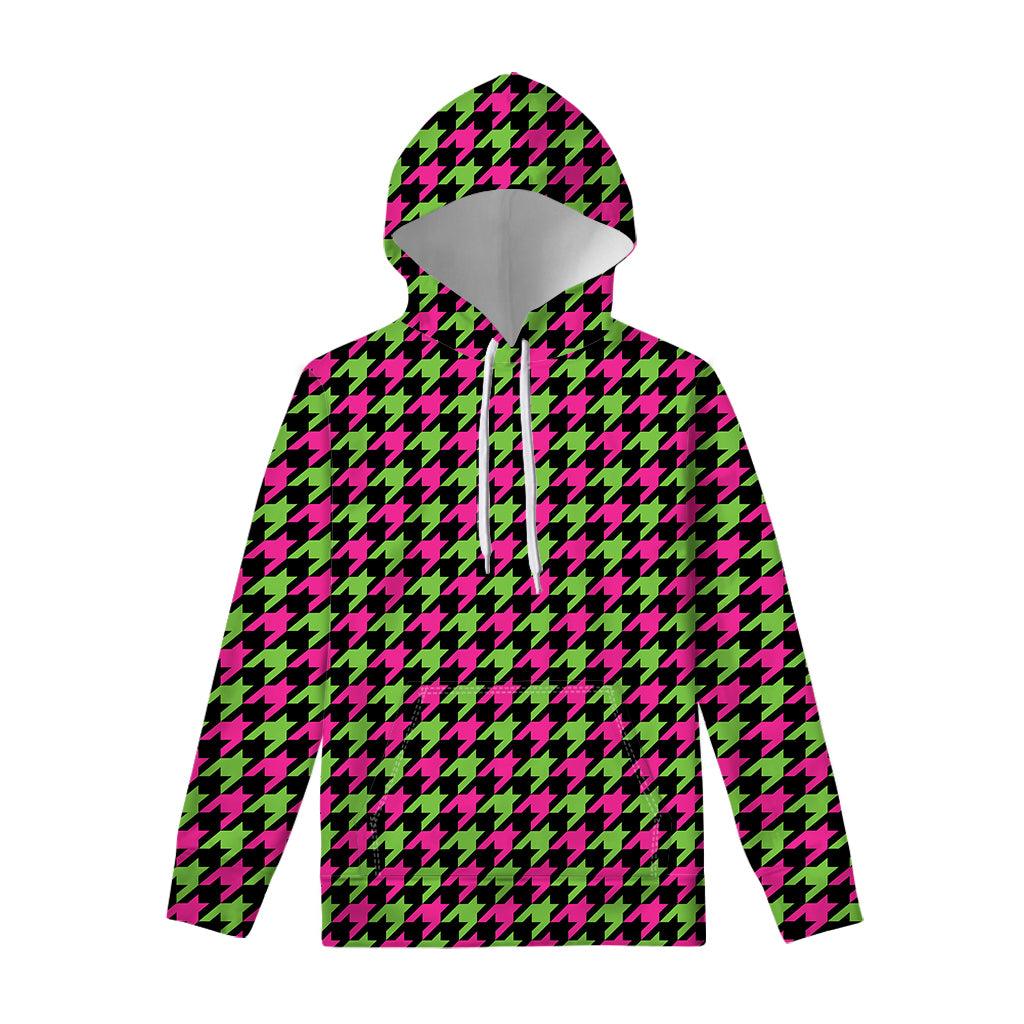 Pink And Green Houndstooth Pattern Print Pullover Hoodie