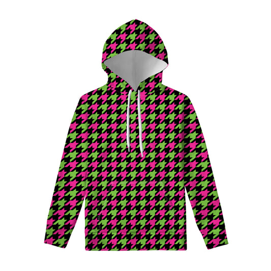 Pink And Green Houndstooth Pattern Print Pullover Hoodie