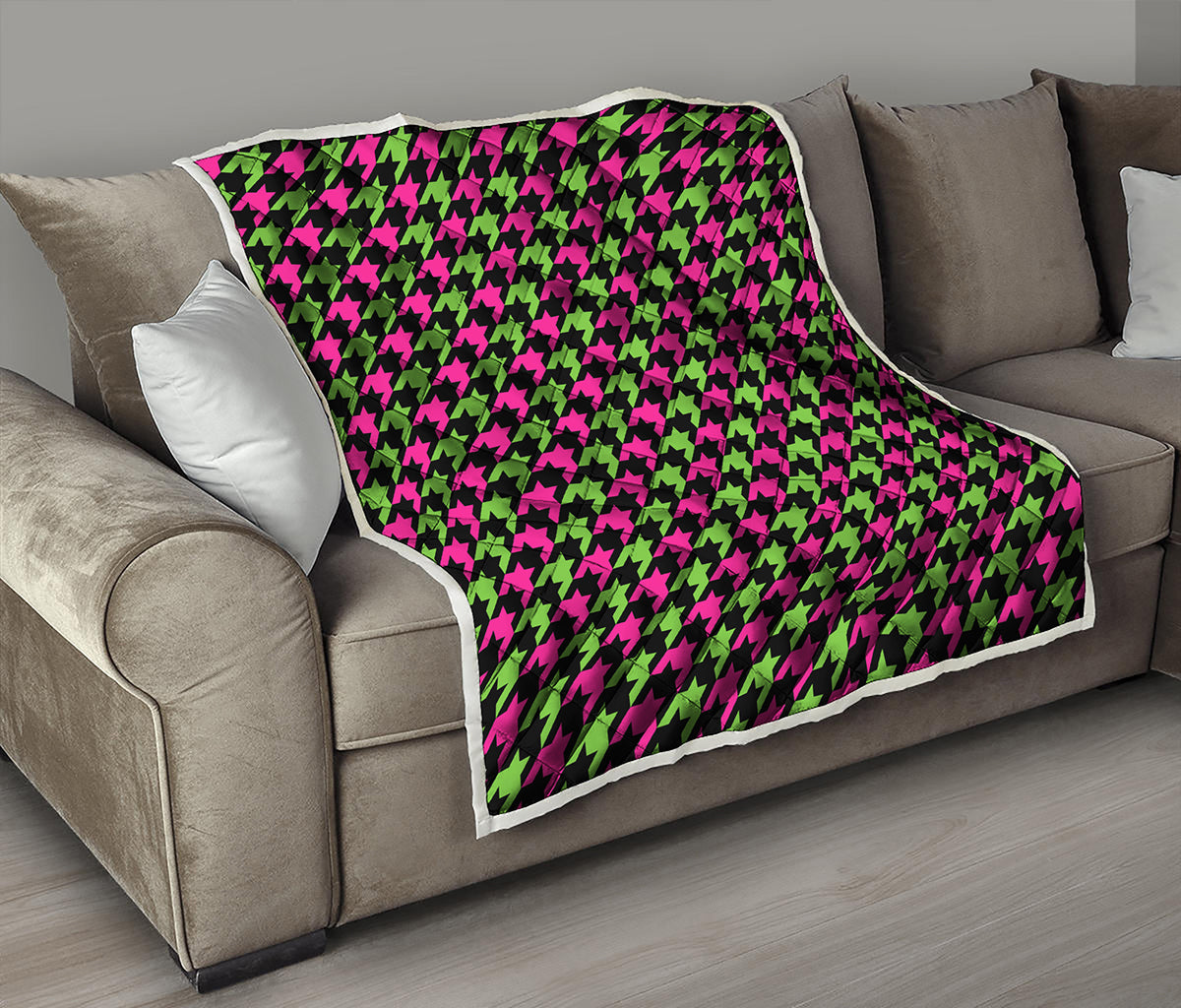 Pink And Green Houndstooth Pattern Print Quilt