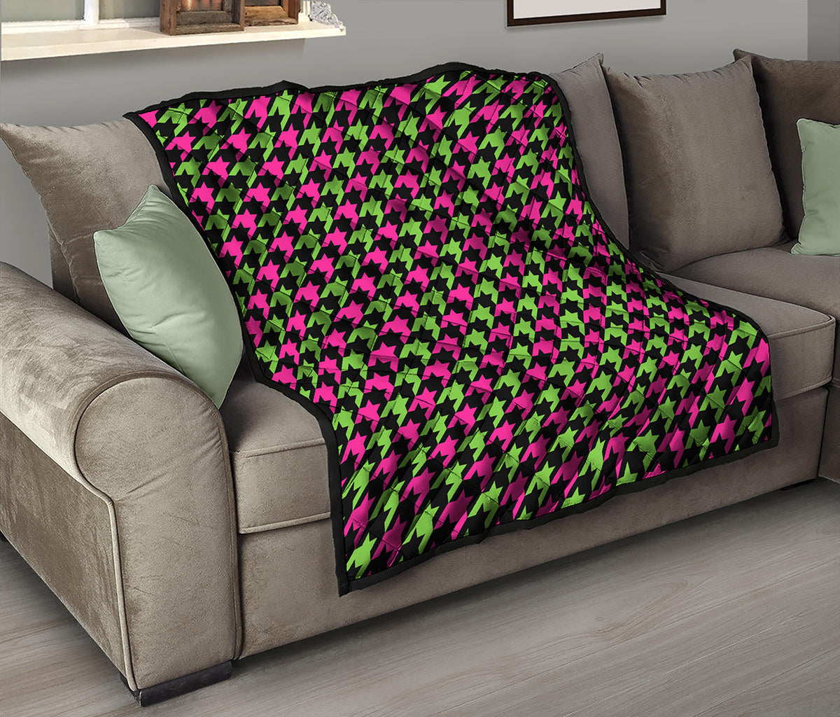 Pink And Green Houndstooth Pattern Print Quilt