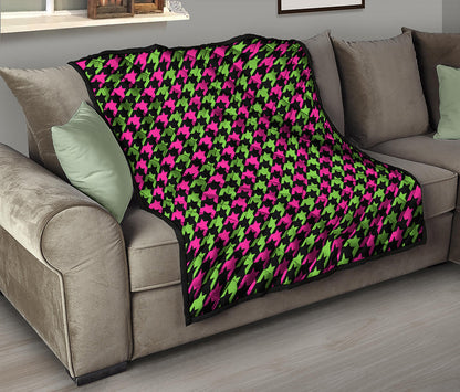 Pink And Green Houndstooth Pattern Print Quilt