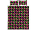 Pink And Green Houndstooth Pattern Print Quilt Bed Set