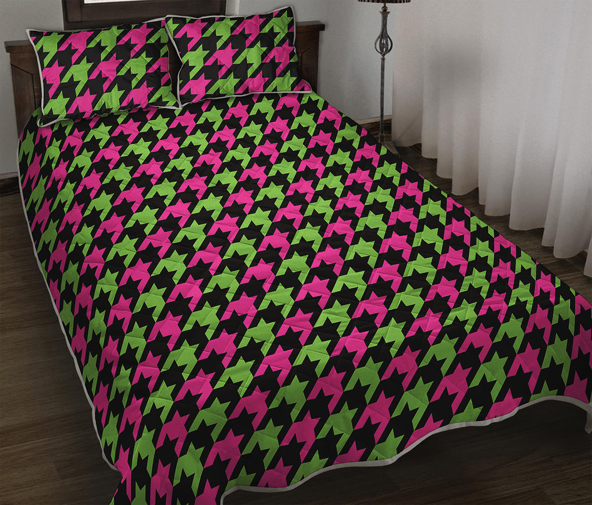 Pink And Green Houndstooth Pattern Print Quilt Bed Set
