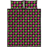 Pink And Green Houndstooth Pattern Print Quilt Bed Set