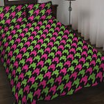 Pink And Green Houndstooth Pattern Print Quilt Bed Set