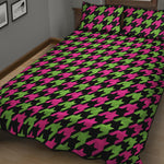 Pink And Green Houndstooth Pattern Print Quilt Bed Set