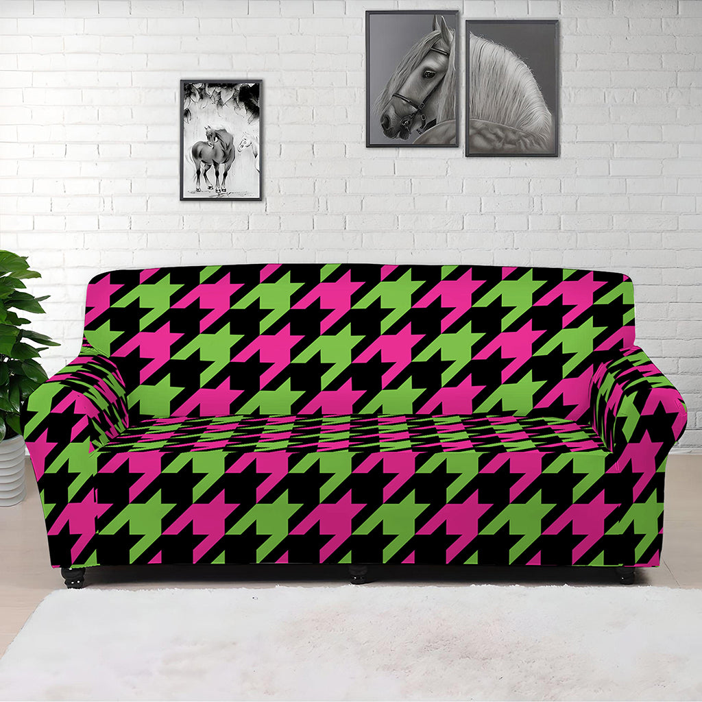 Pink And Green Houndstooth Pattern Print Sofa Cover