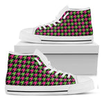 Pink And Green Houndstooth Pattern Print White High Top Shoes