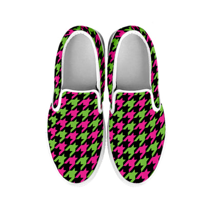 Pink And Green Houndstooth Pattern Print White Slip On Shoes