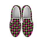 Pink And Green Houndstooth Pattern Print White Slip On Shoes