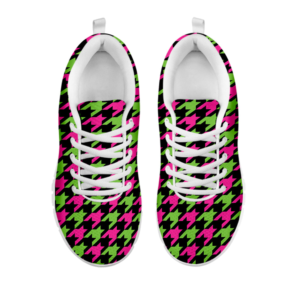 Pink And Green Houndstooth Pattern Print White Sneakers