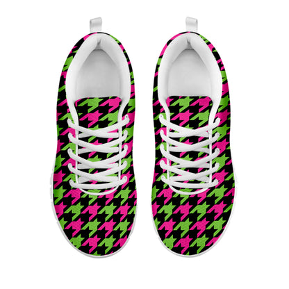 Pink And Green Houndstooth Pattern Print White Sneakers