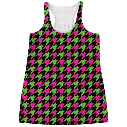 Pink And Green Houndstooth Pattern Print Women's Racerback Tank Top