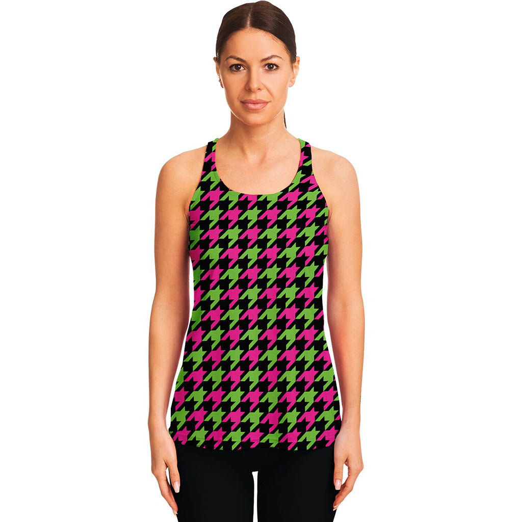 Pink And Green Houndstooth Pattern Print Women's Racerback Tank Top
