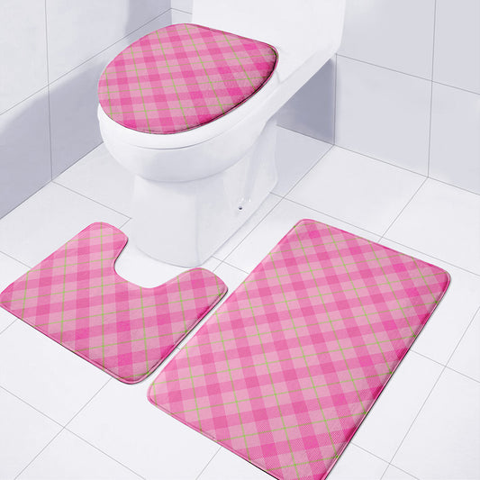 Pink And Green Plaid Pattern Print 3 Piece Bath Mat Set