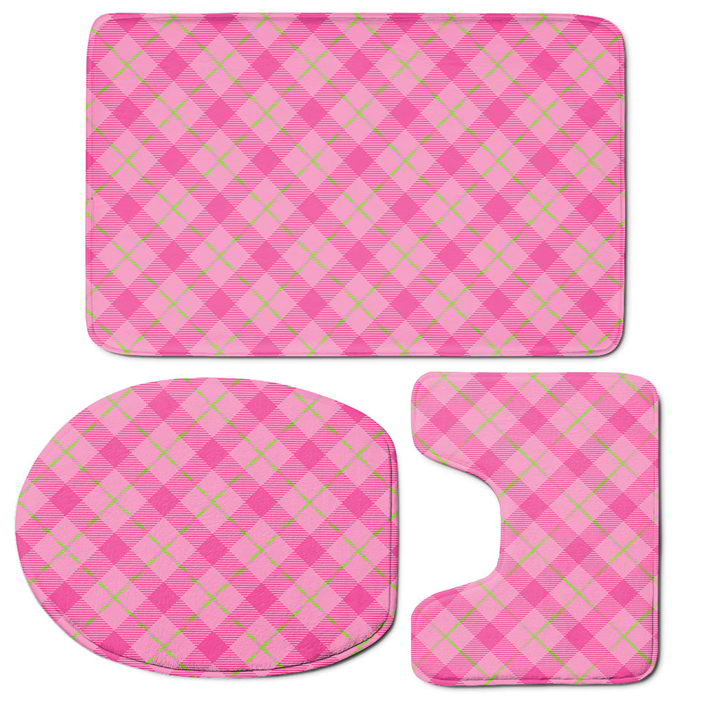 Pink And Green Plaid Pattern Print 3 Piece Bath Mat Set