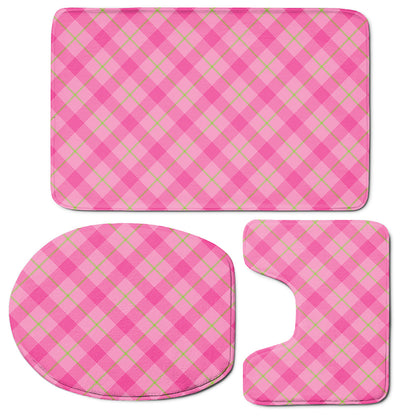 Pink And Green Plaid Pattern Print 3 Piece Bath Mat Set