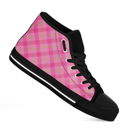 Pink And Green Plaid Pattern Print Black High Top Shoes