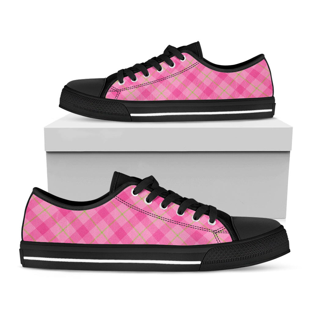 Pink And Green Plaid Pattern Print Black Low Top Shoes