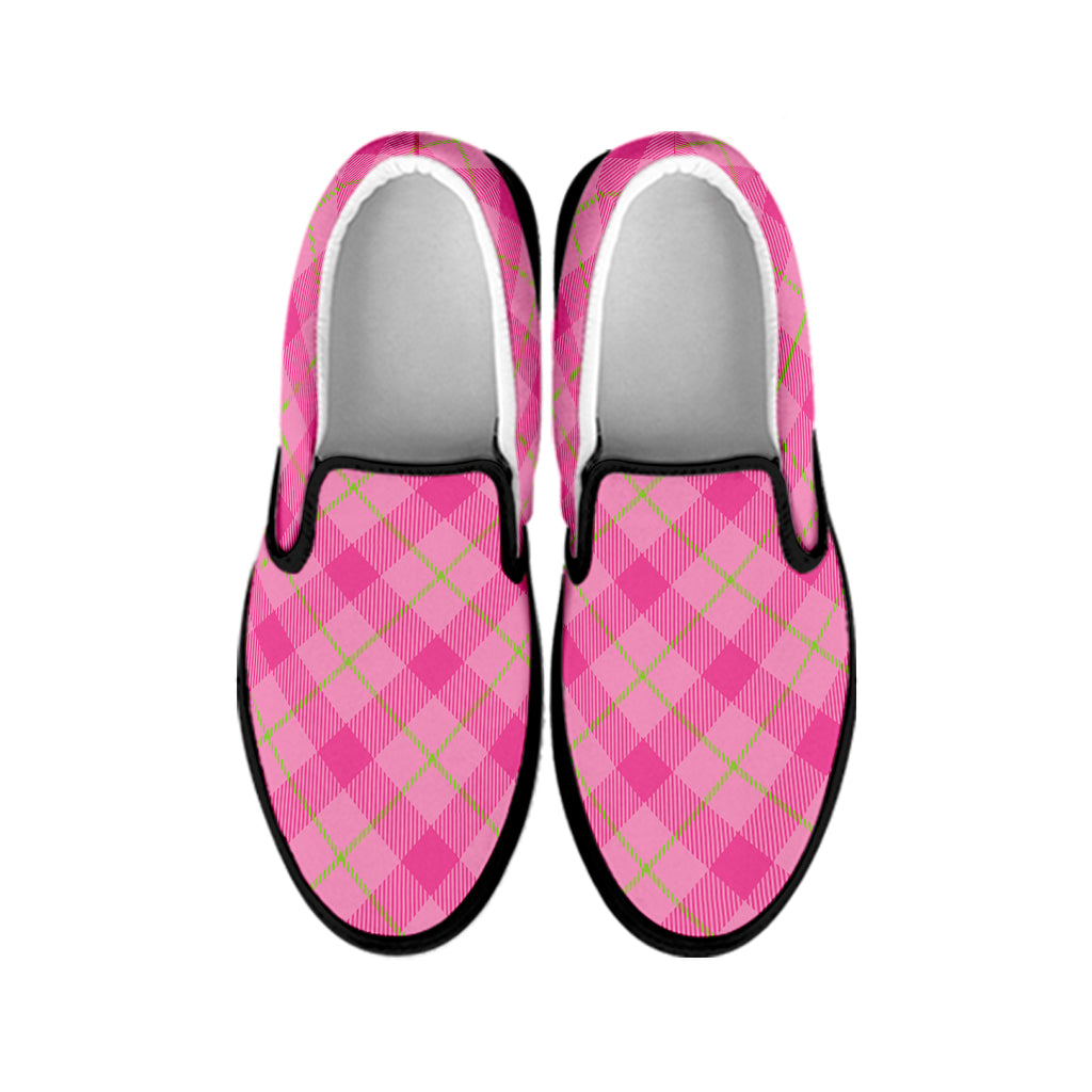 Pink And Green Plaid Pattern Print Black Slip On Shoes