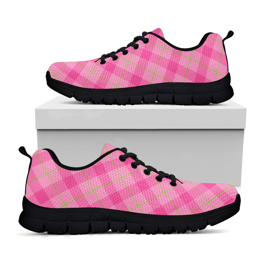 Pink And Green Plaid Pattern Print Black Sneakers