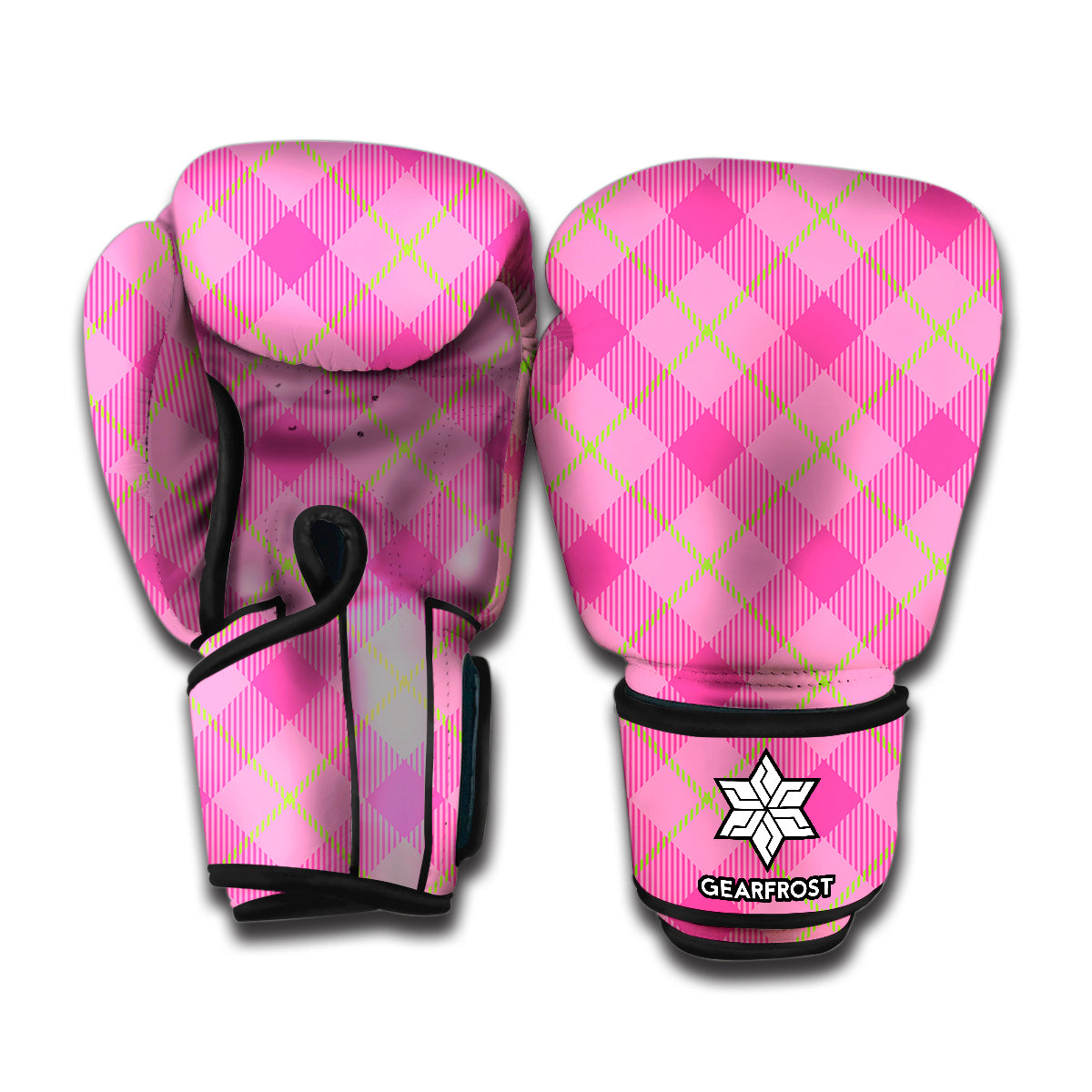 Pink And Green Plaid Pattern Print Boxing Gloves