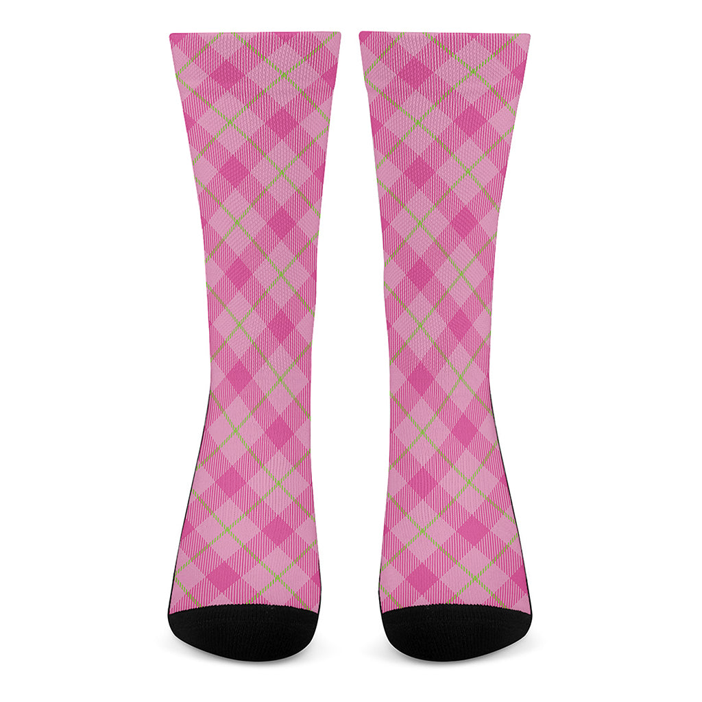 Pink And Green Plaid Pattern Print Crew Socks