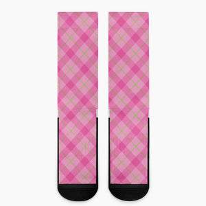 Pink And Green Plaid Pattern Print Crew Socks