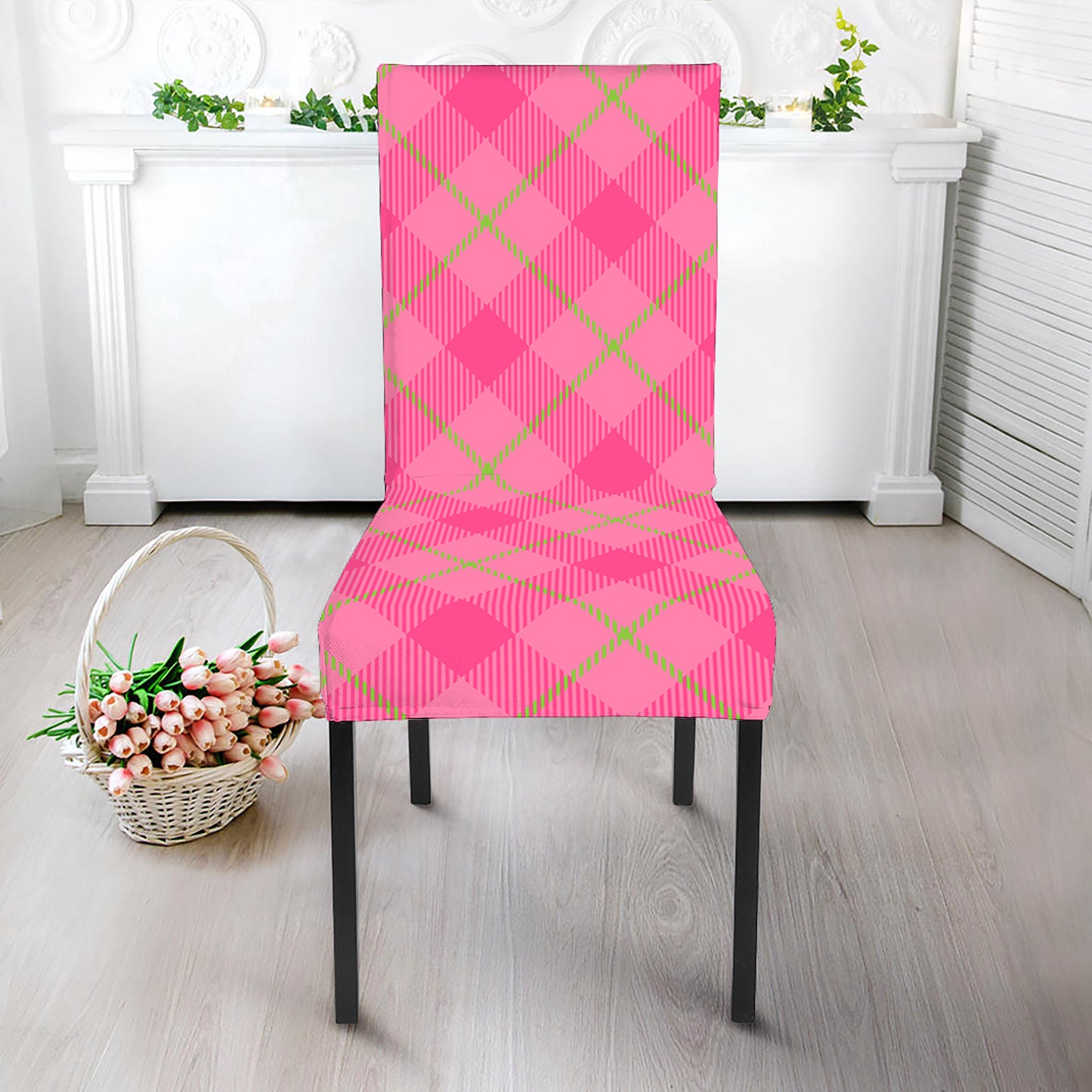 Pink And Green Plaid Pattern Print Dining Chair Slipcover