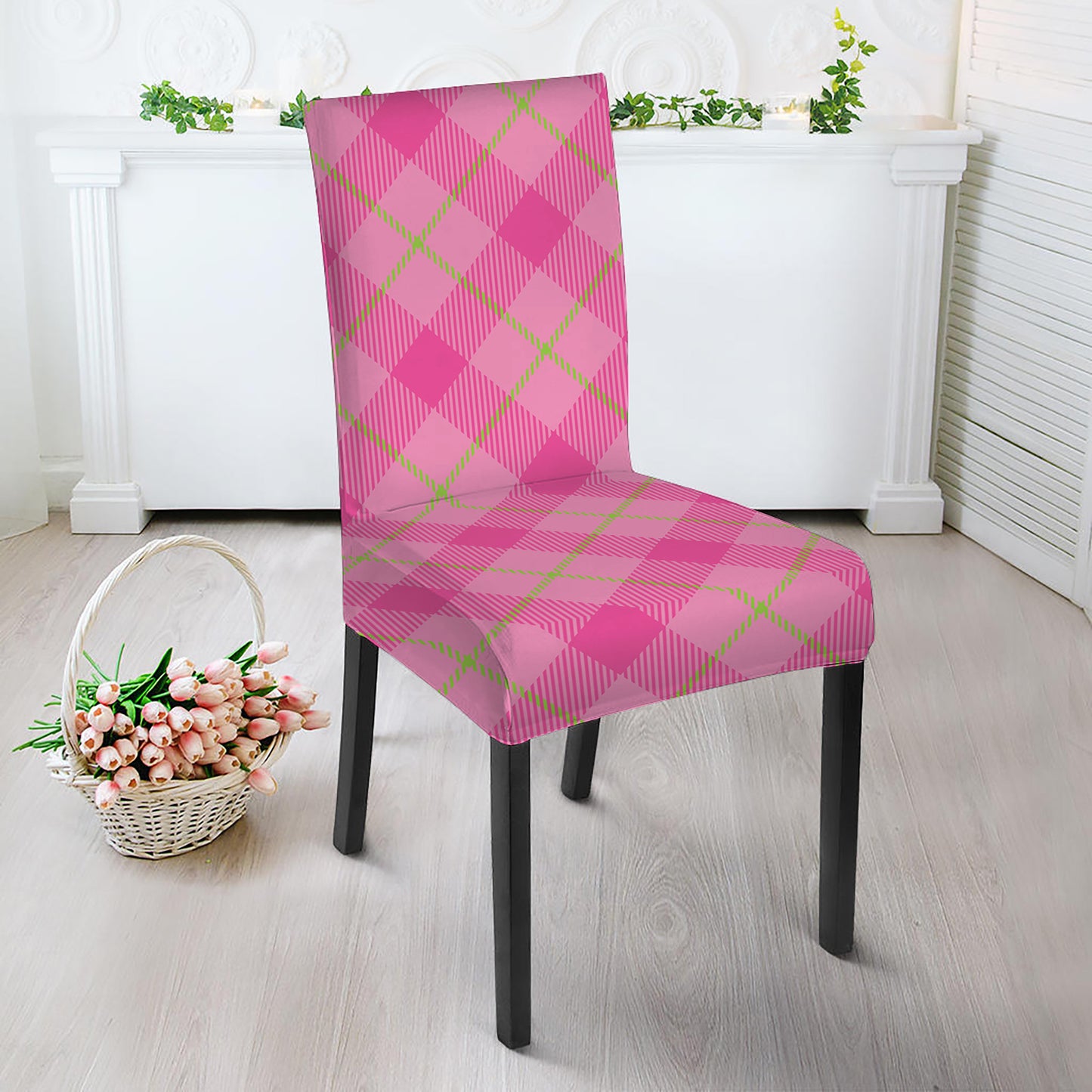 Pink And Green Plaid Pattern Print Dining Chair Slipcover
