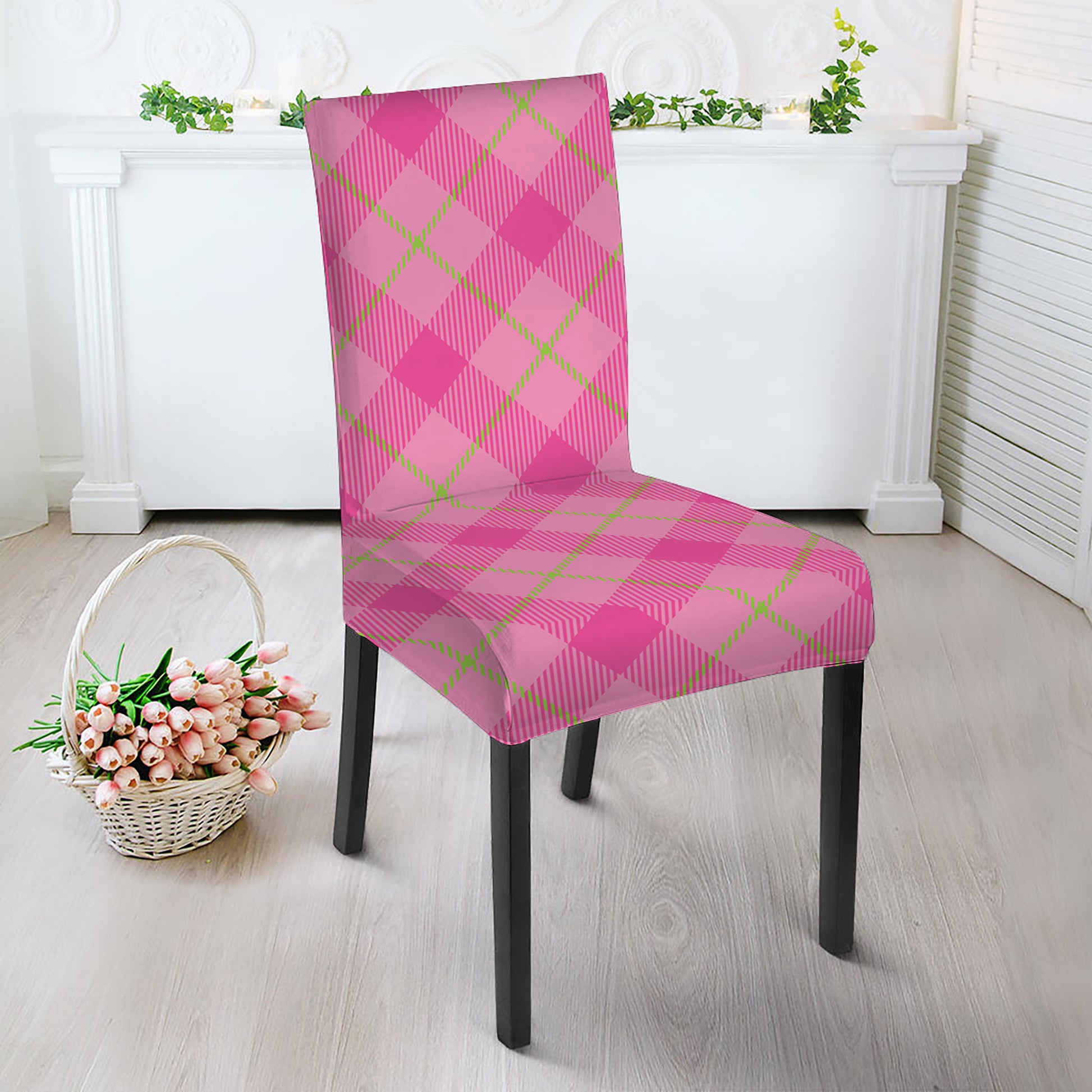 Pink And Green Plaid Pattern Print Dining Chair Slipcover