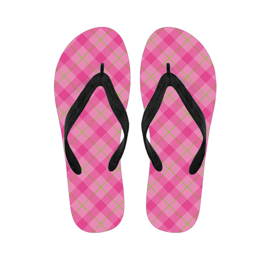 Pink And Green Plaid Pattern Print Flip Flops