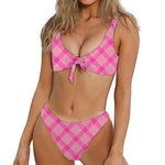 Pink And Green Plaid Pattern Print Front Bow Tie Bikini