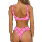 Pink And Green Plaid Pattern Print Front Bow Tie Bikini