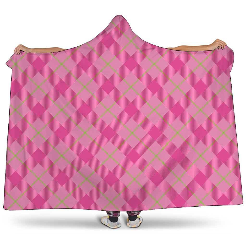 Pink And Green Plaid Pattern Print Hooded Blanket