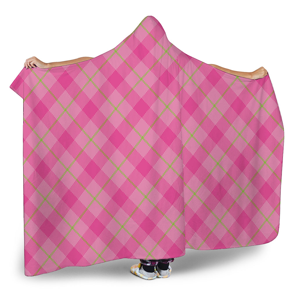 Pink And Green Plaid Pattern Print Hooded Blanket