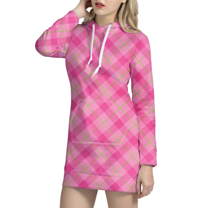 Pink And Green Plaid Pattern Print Hoodie Dress