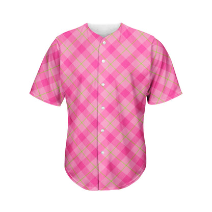 Pink And Green Plaid Pattern Print Men's Baseball Jersey