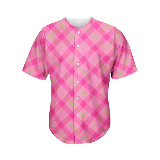 Pink And Green Plaid Pattern Print Men's Baseball Jersey
