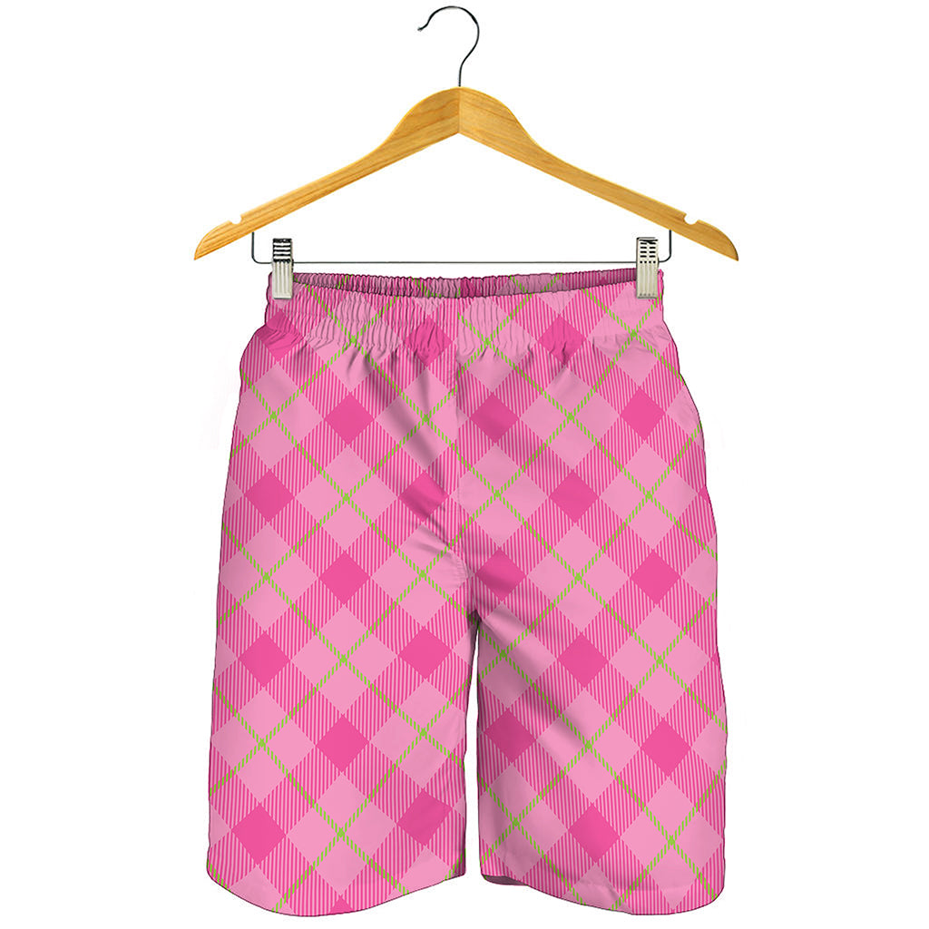 Pink And Green Plaid Pattern Print Men's Shorts