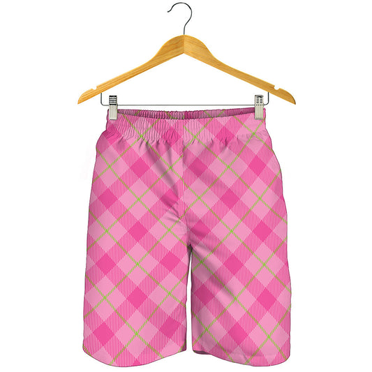 Pink And Green Plaid Pattern Print Men's Shorts