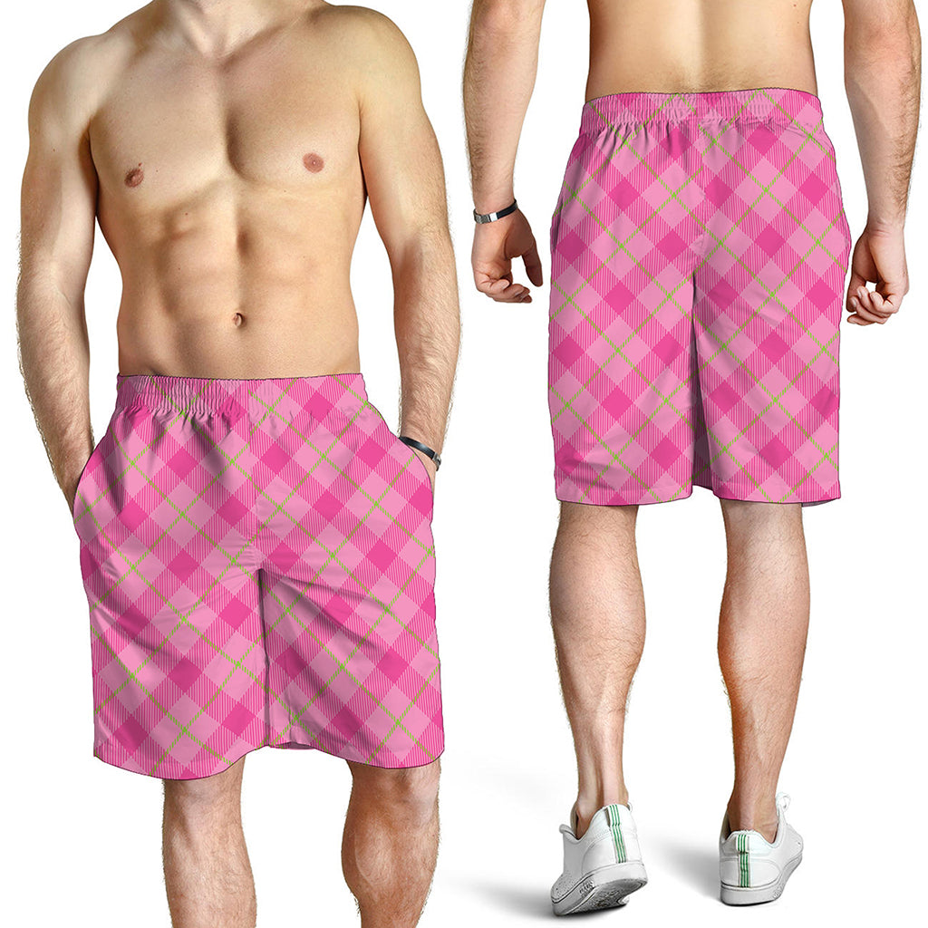Pink And Green Plaid Pattern Print Men's Shorts
