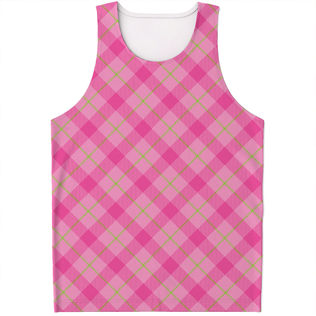Pink And Green Plaid Pattern Print Men's Tank Top