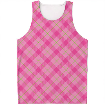 Pink And Green Plaid Pattern Print Men's Tank Top