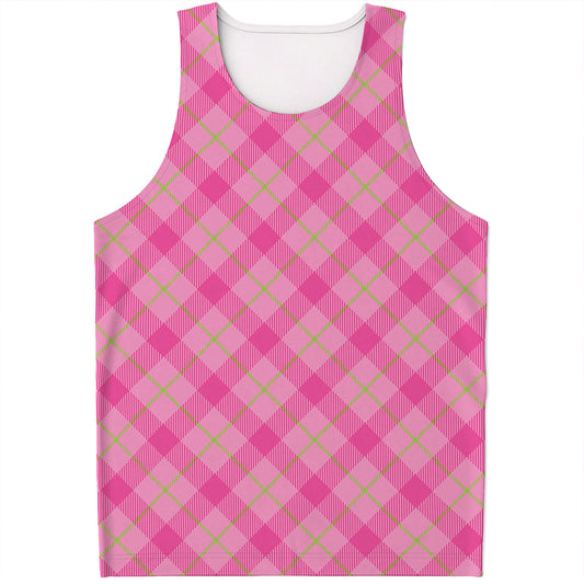 Pink And Green Plaid Pattern Print Men's Tank Top