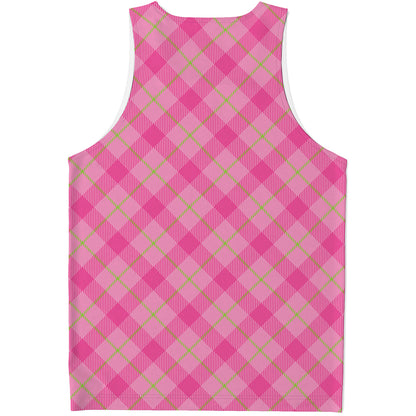Pink And Green Plaid Pattern Print Men's Tank Top