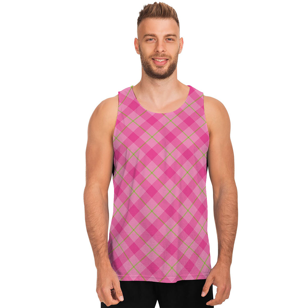 Pink And Green Plaid Pattern Print Men's Tank Top