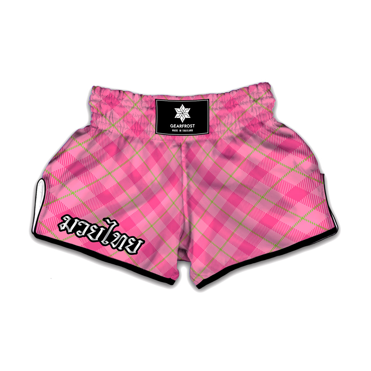 Pink And Green Plaid Pattern Print Muay Thai Boxing Shorts